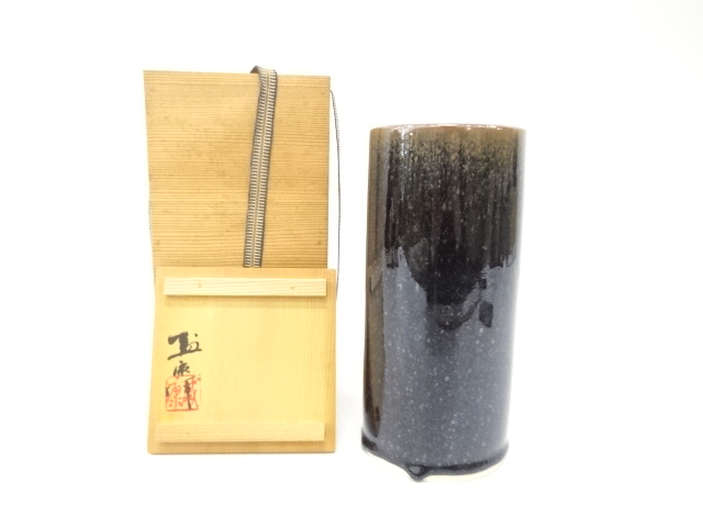 JAPANESE CERAMICS / TENMOKU GLAZE FLOWER VASE / ARTISAN WORK